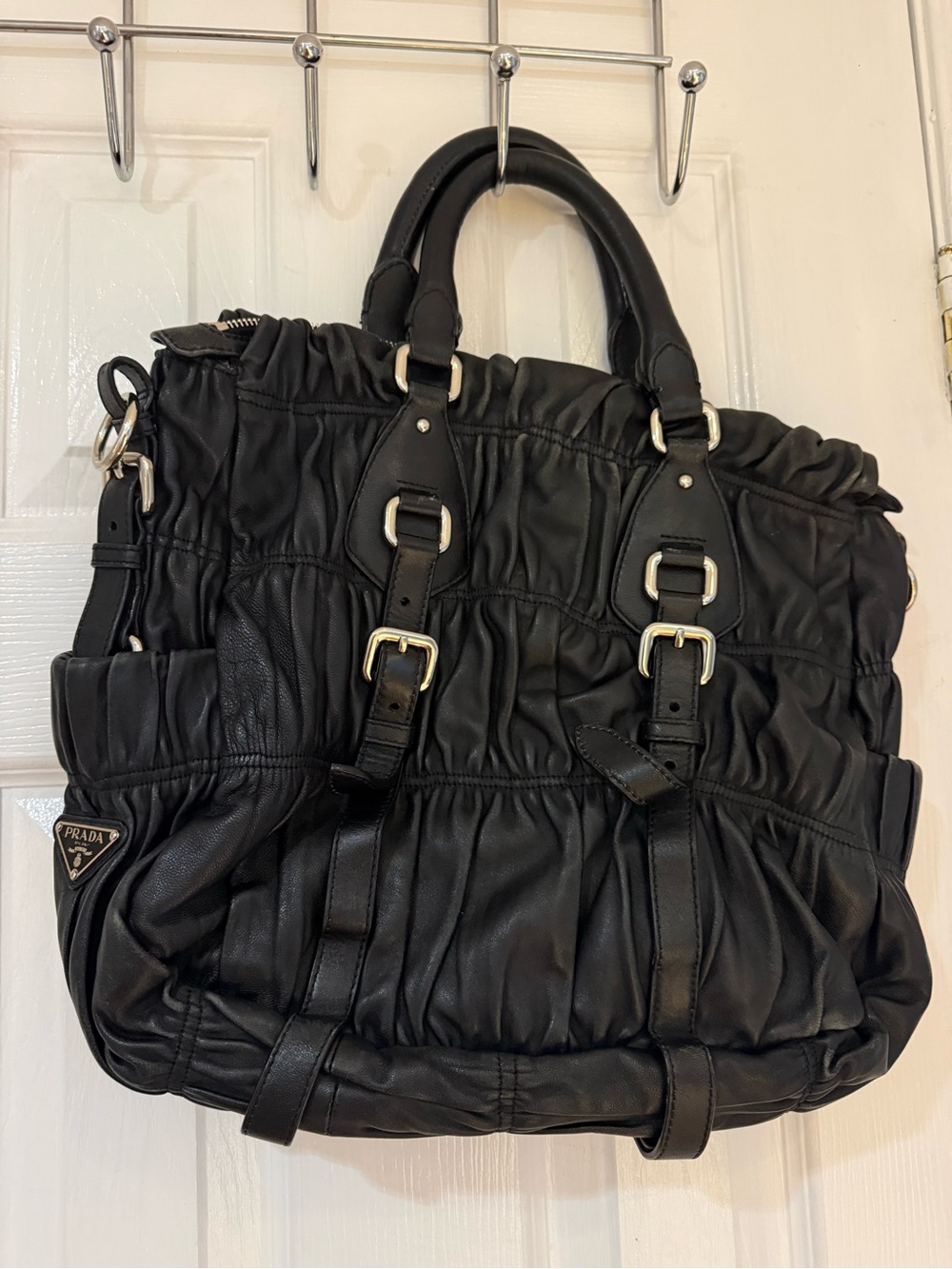 Prada Black Ruched Leather Messenger Bag with Silver-Tone Hardware